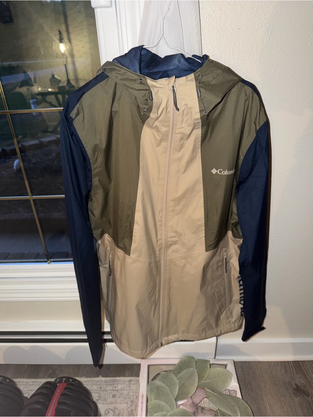 Columbia Hooded Colorblock Rain Jacket - Beige Olive Navy